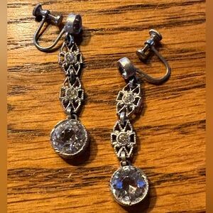 Vintage silver filigree rhinestone drop earrings screwback